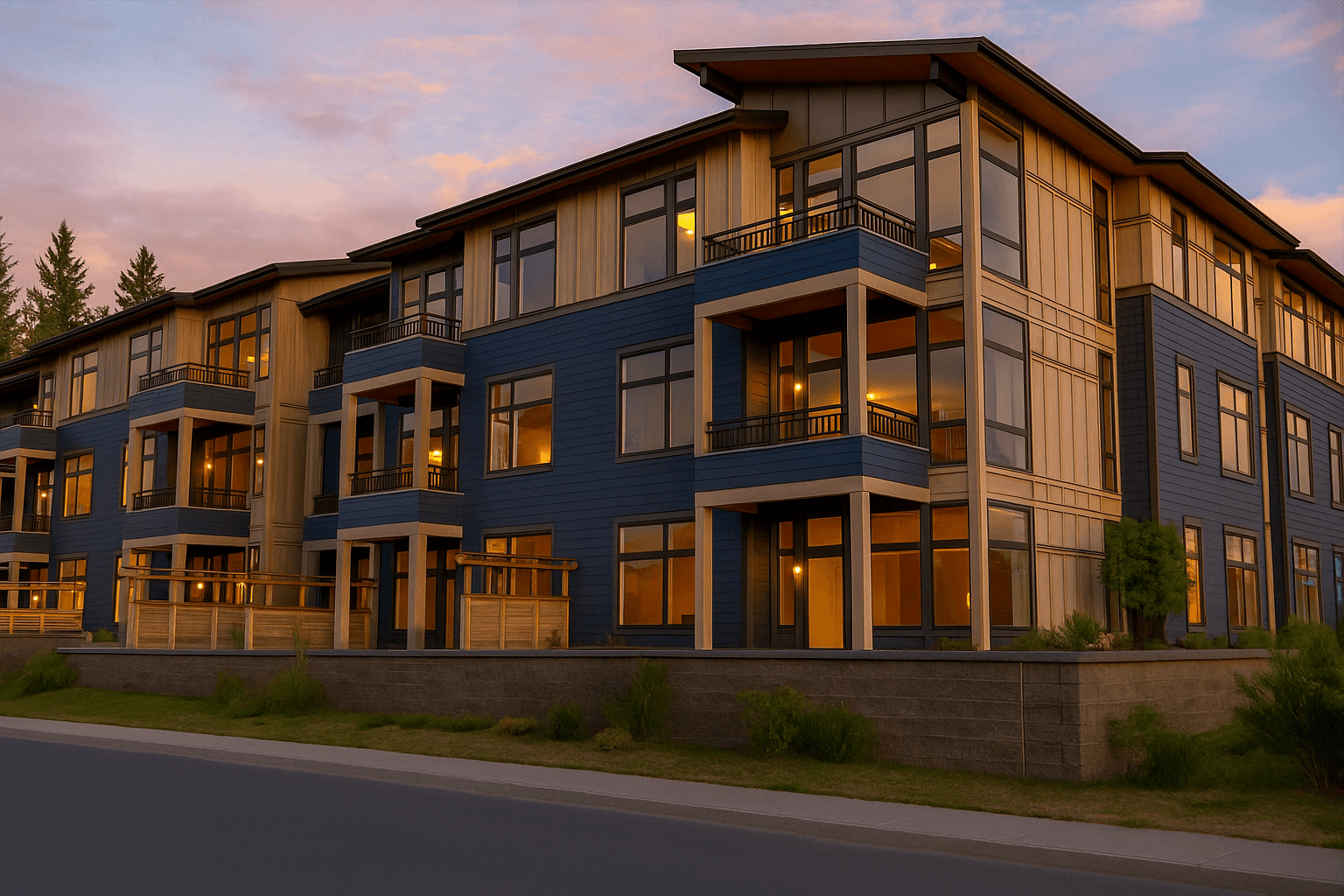 A modern multi-story building with balconies and large windows.